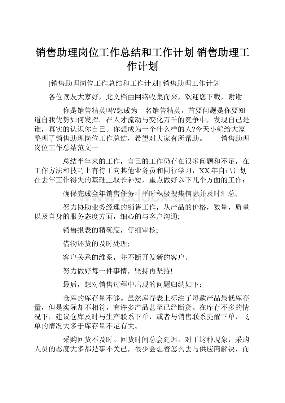 销售助理岗位工作总结和工作计划 销售助理工作计划.docx