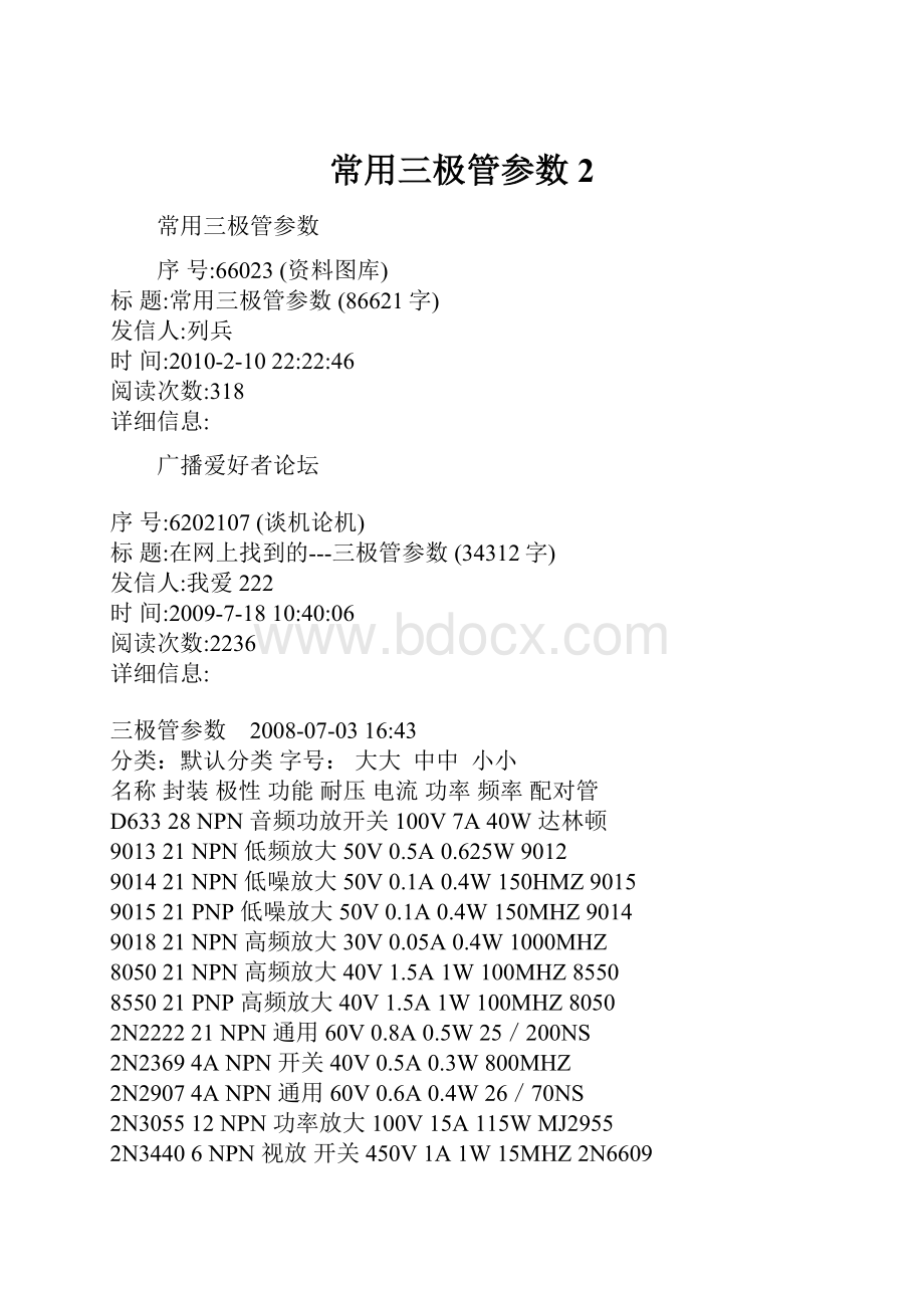 常用三极管参数 2.docx_第1页