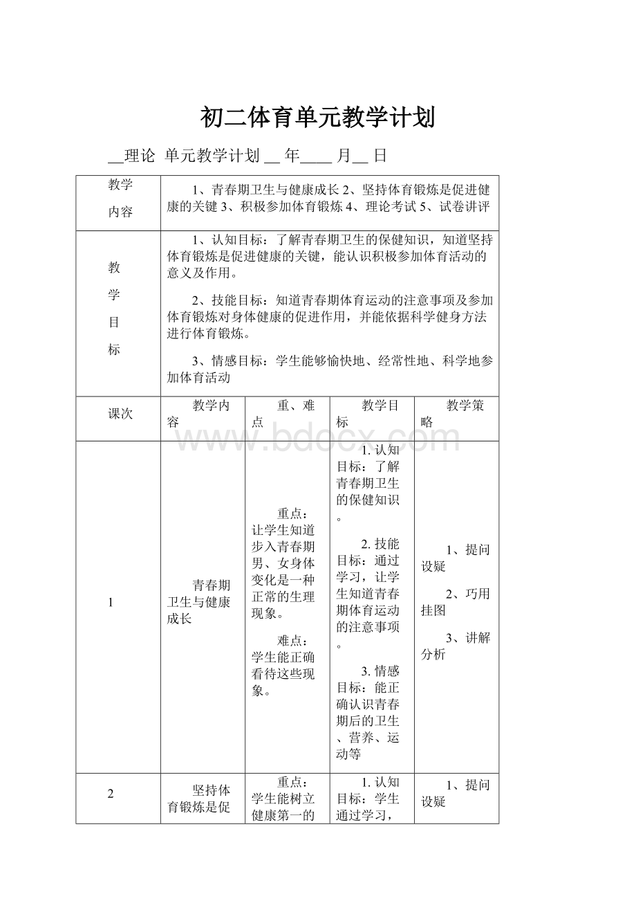 初二体育单元教学计划Word格式文档下载.docx_第1页