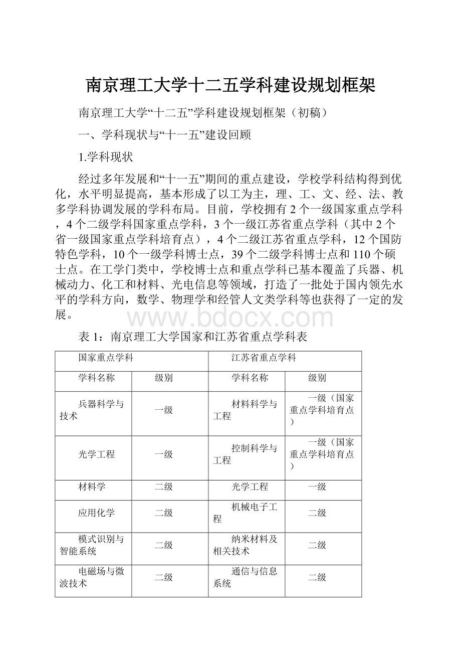 南京理工大学十二五学科建设规划框架文档格式.docx