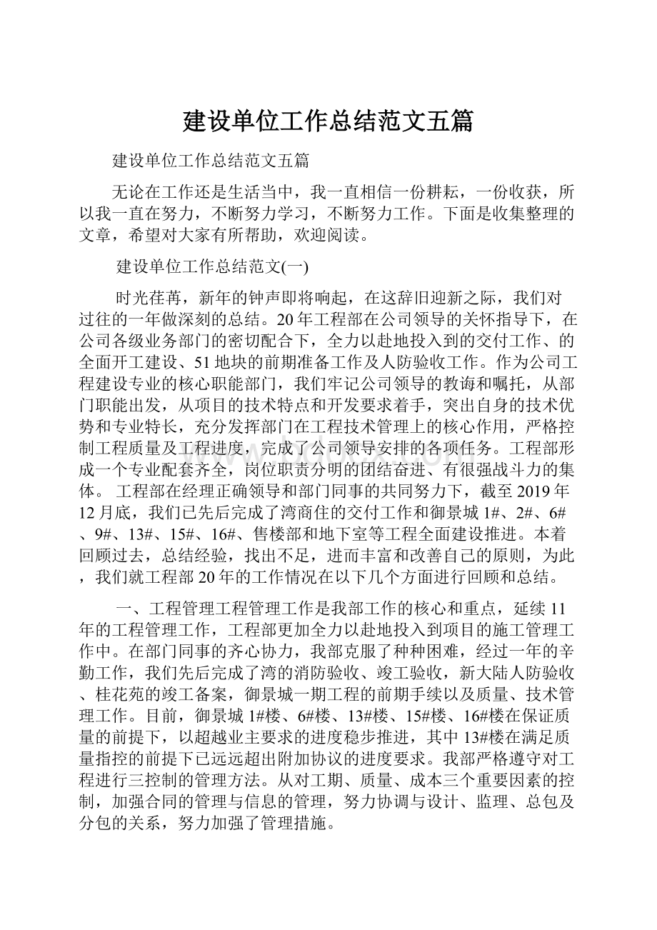 建设单位工作总结范文五篇文档格式.docx