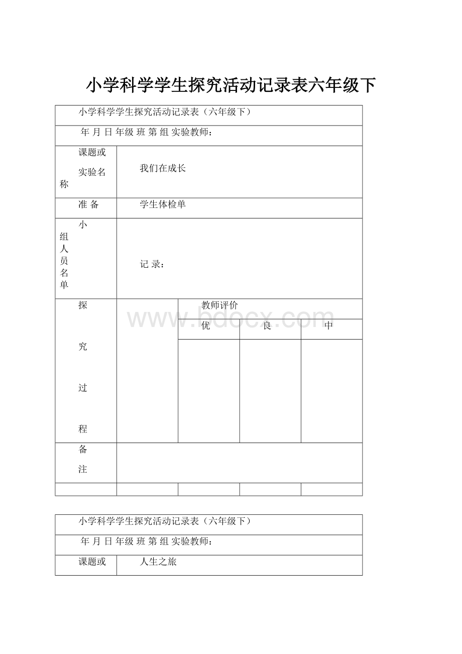 小学科学学生探究活动记录表六年级下.docx