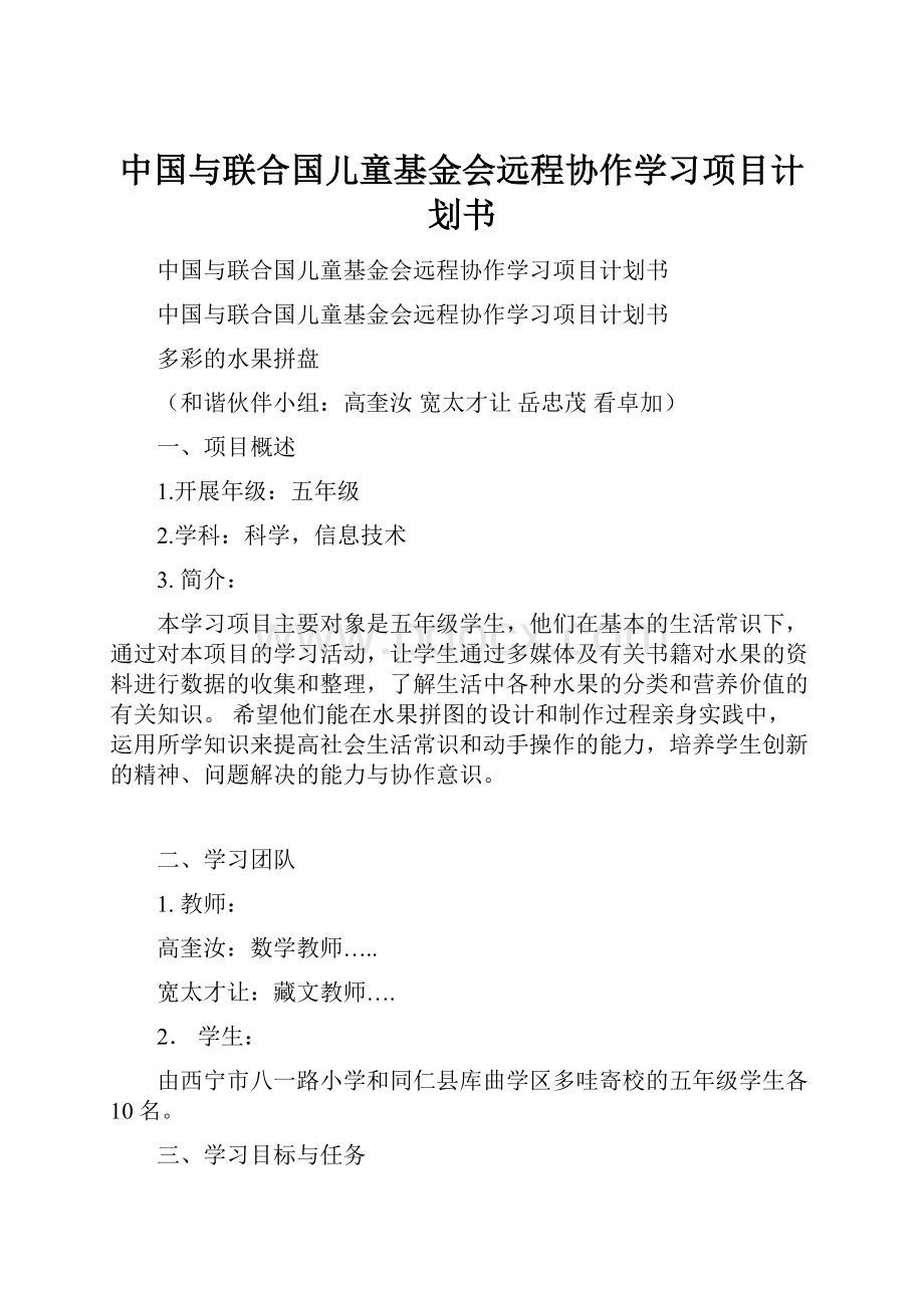 中国与联合国儿童基金会远程协作学习项目计划书.docx_第1页