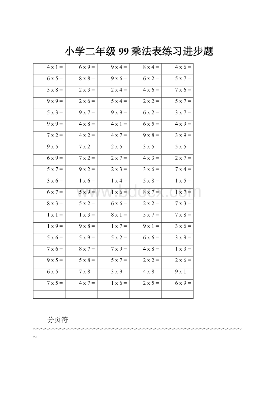 小学二年级99乘法表练习进步题Word文档下载推荐.docx