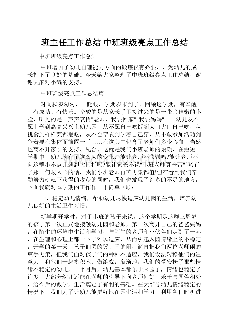 班主任工作总结 中班班级亮点工作总结Word格式文档下载.docx_第1页