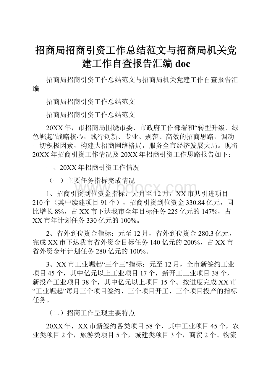 招商局招商引资工作总结范文与招商局机关党建工作自查报告汇编doc.docx_第1页