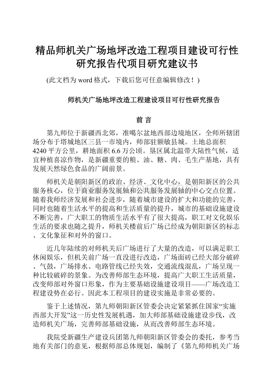 精品师机关广场地坪改造工程项目建设可行性研究报告代项目研究建议书Word下载.docx