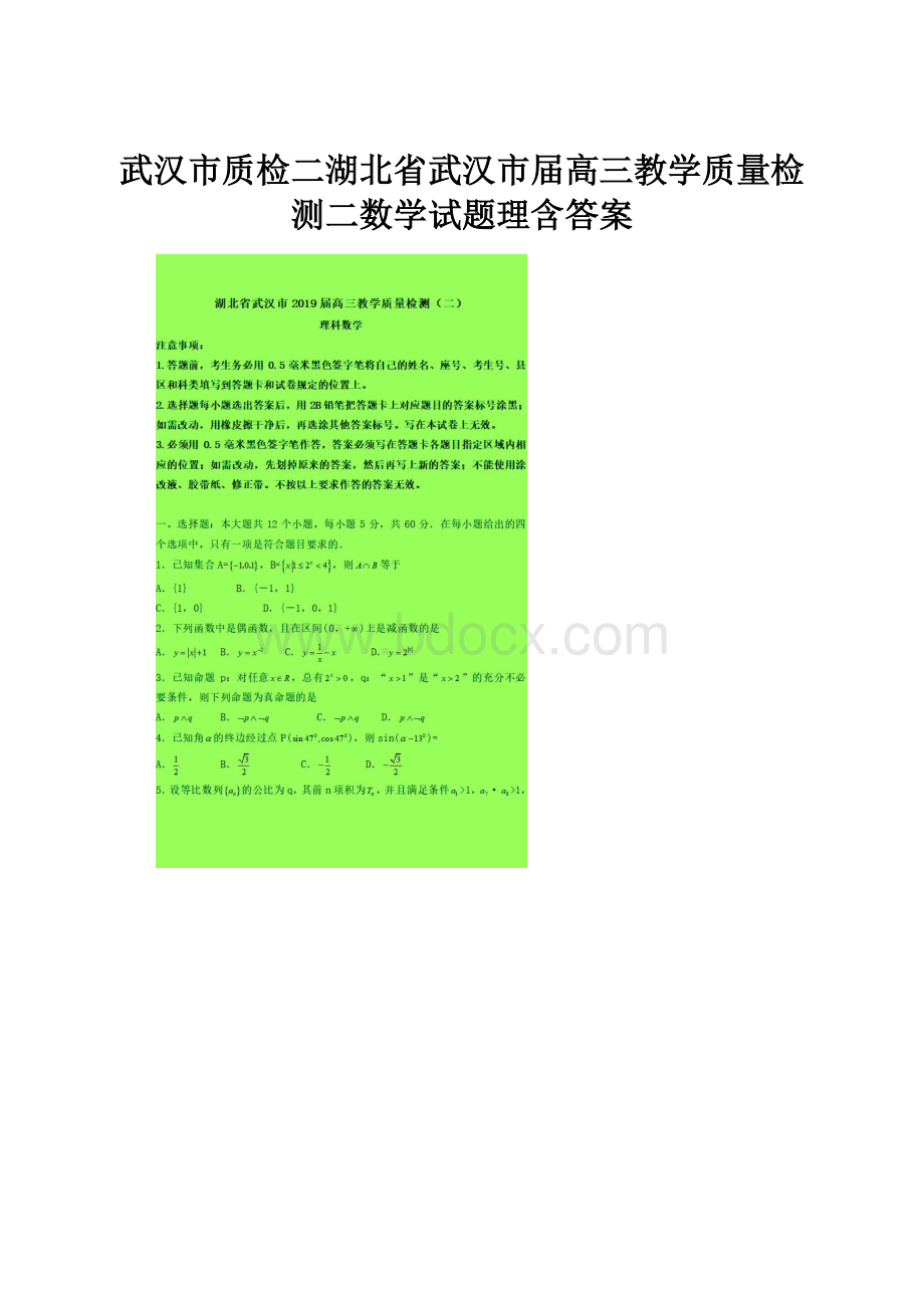 武汉市质检二湖北省武汉市届高三教学质量检测二数学试题理含答案Word下载.docx