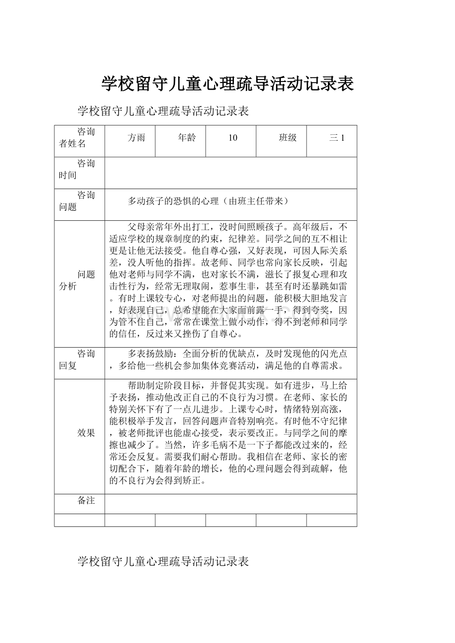 学校留守儿童心理疏导活动记录表Word文件下载.docx