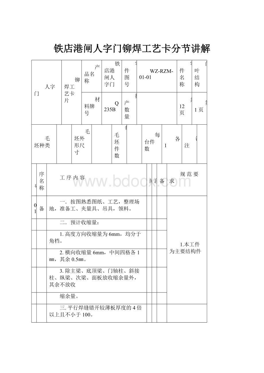 铁店港闸人字门铆焊工艺卡分节讲解Word文档下载推荐.docx