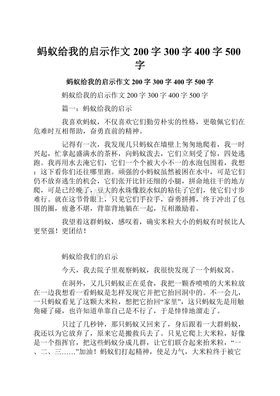 蚂蚁给我的启示作文200字300字400字500字.docx