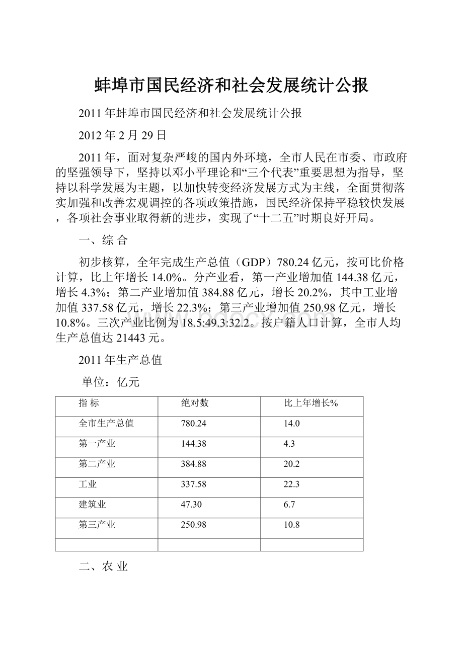 蚌埠市国民经济和社会发展统计公报.docx_第1页