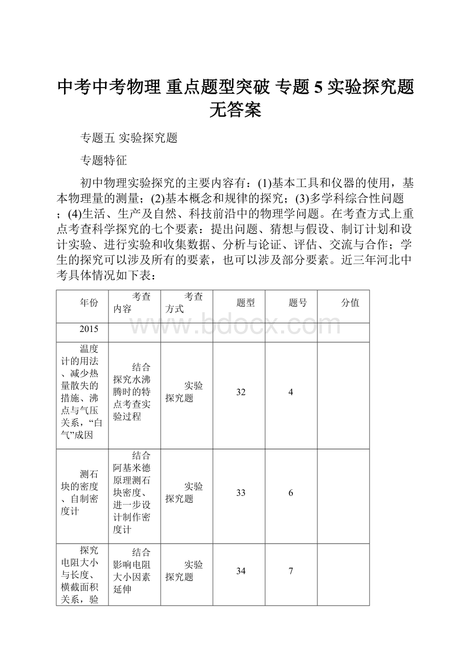 中考中考物理 重点题型突破 专题5 实验探究题无答案Word格式.docx_第1页