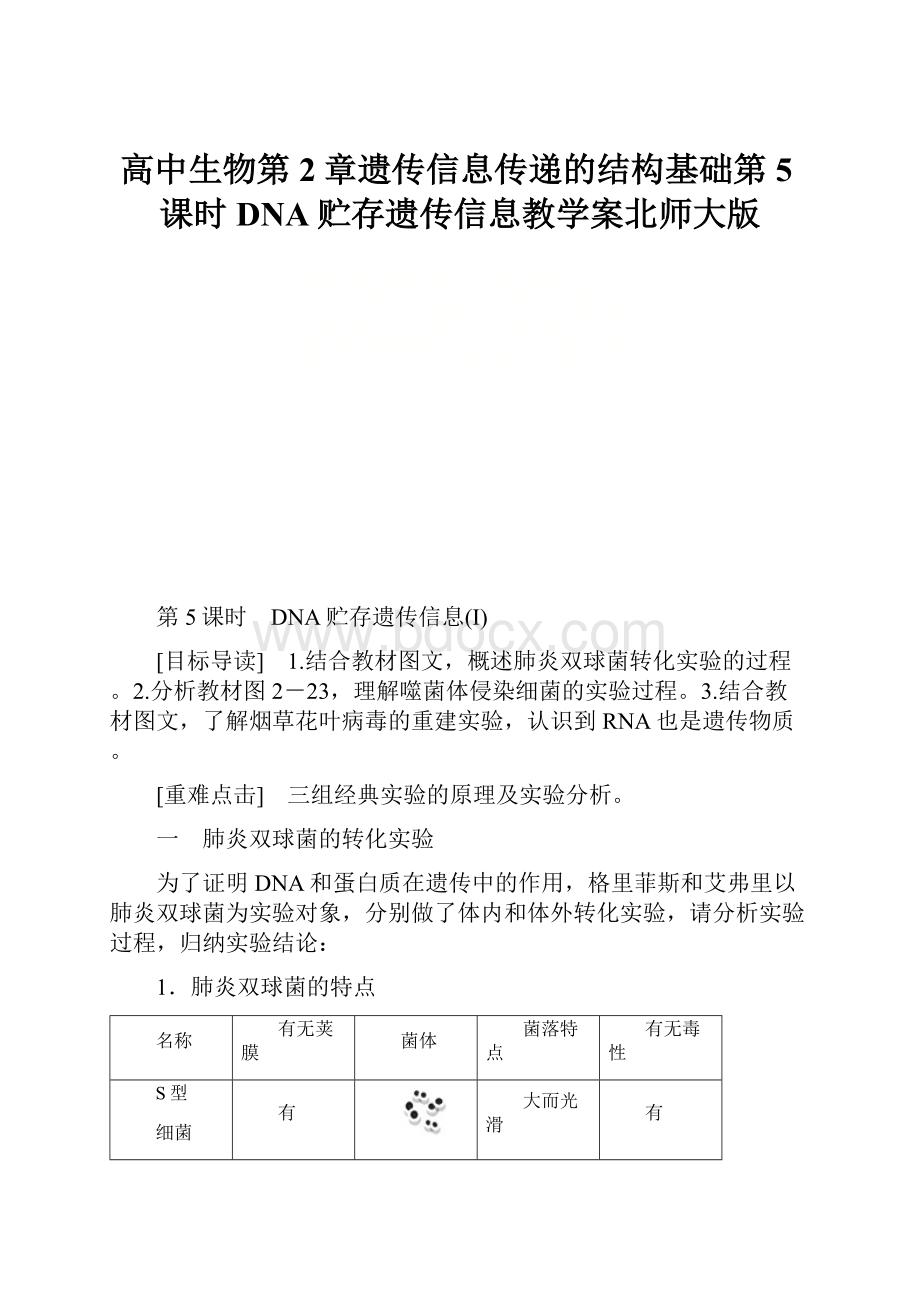 高中生物第2章遗传信息传递的结构基础第5课时DNA贮存遗传信息教学案北师大版.docx_第1页