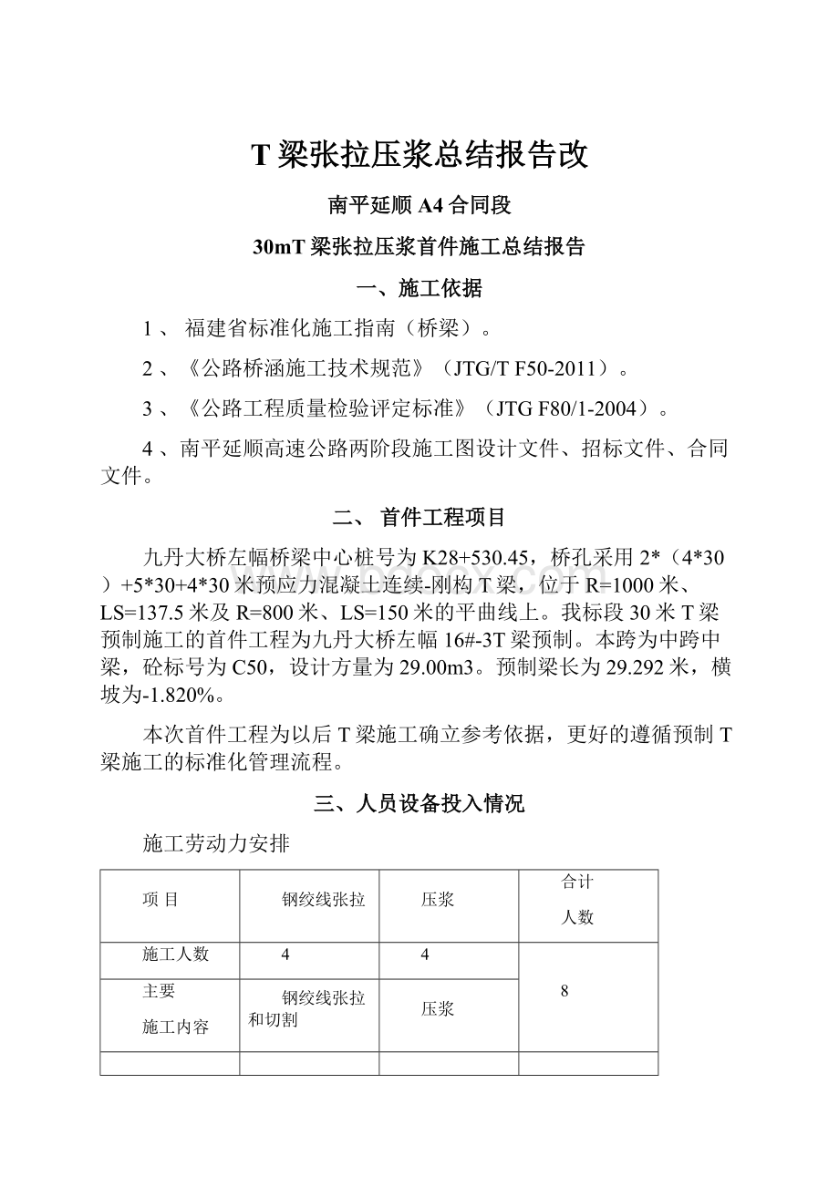 T梁张拉压浆总结报告改文档格式.docx