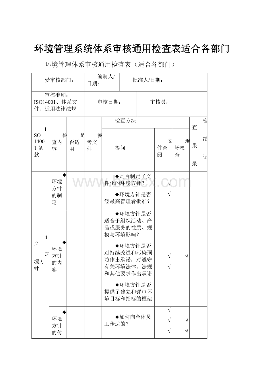 环境管理系统体系审核通用检查表适合各部门.docx_第1页