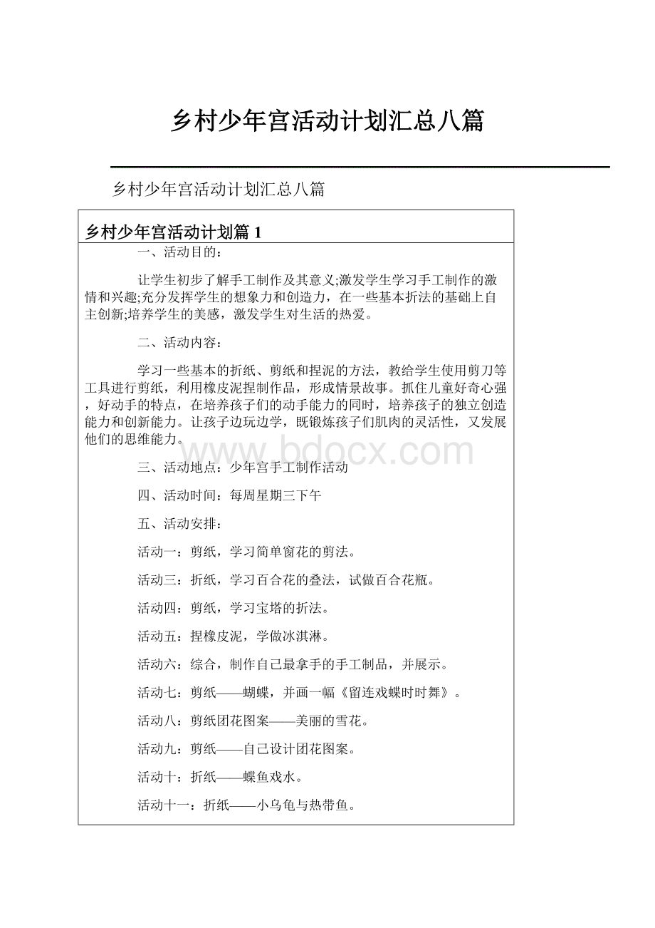 乡村少年宫活动计划汇总八篇Word文档格式.docx_第1页