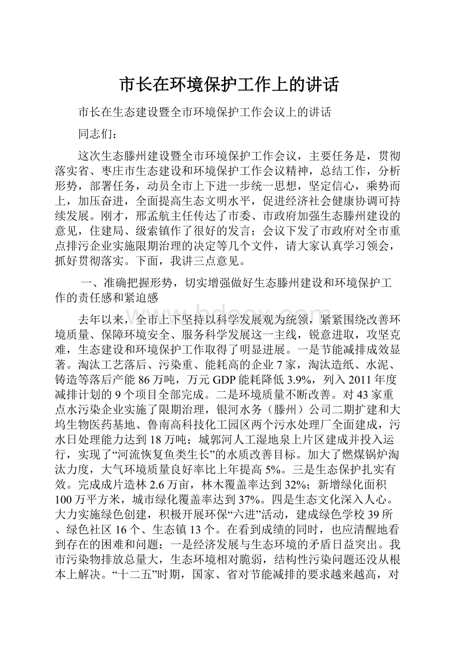 市长在环境保护工作上的讲话Word文件下载.docx_第1页