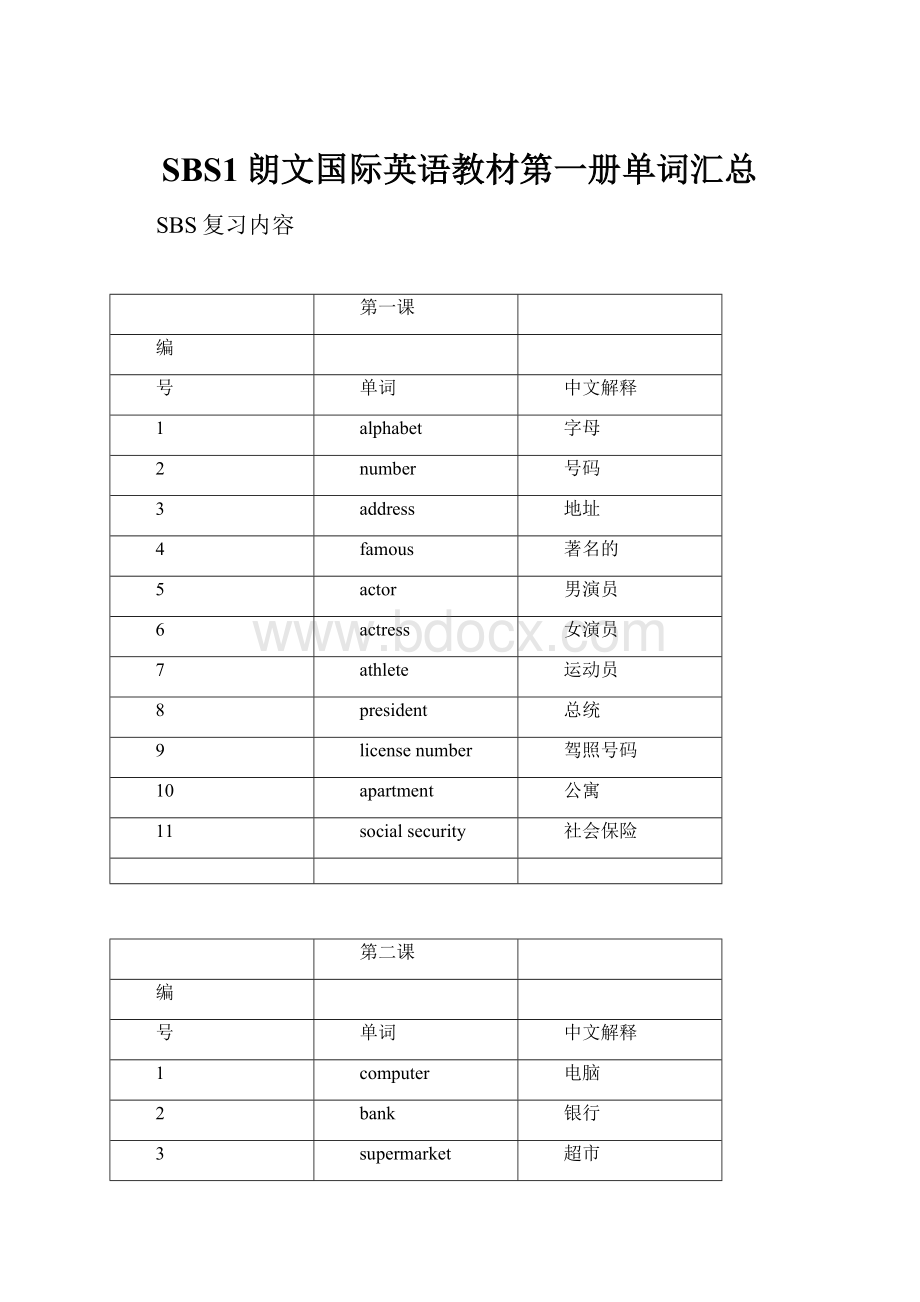 SBS1朗文国际英语教材第一册单词汇总.docx