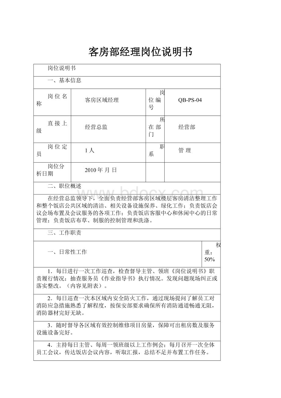 客房部经理岗位说明书Word文件下载.docx