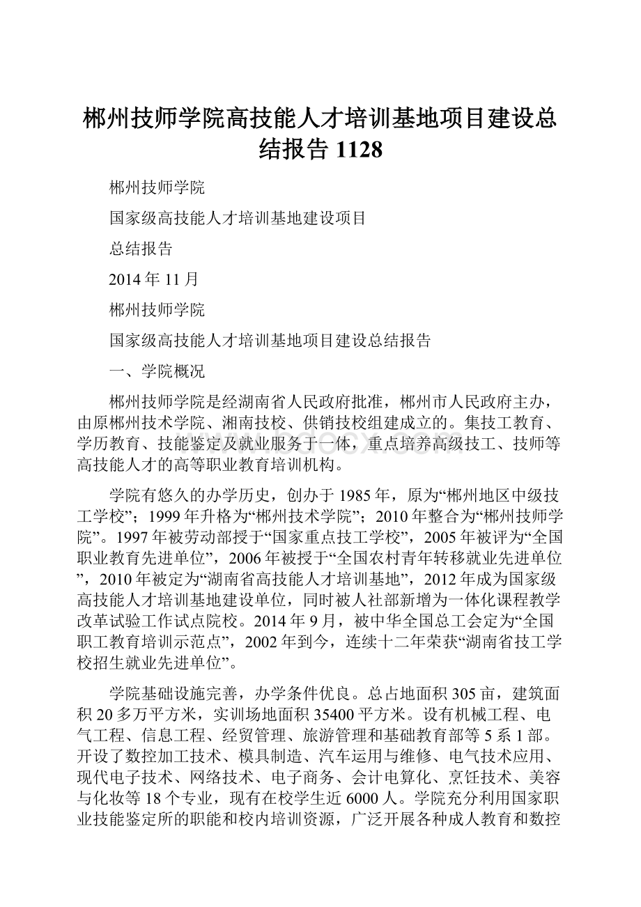 郴州技师学院高技能人才培训基地项目建设总结报告1128Word文档格式.docx