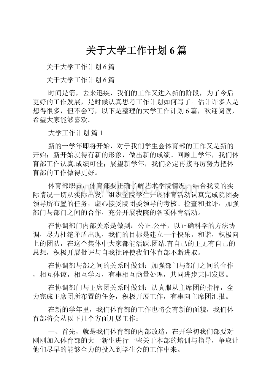 关于大学工作计划6篇Word文档格式.docx_第1页