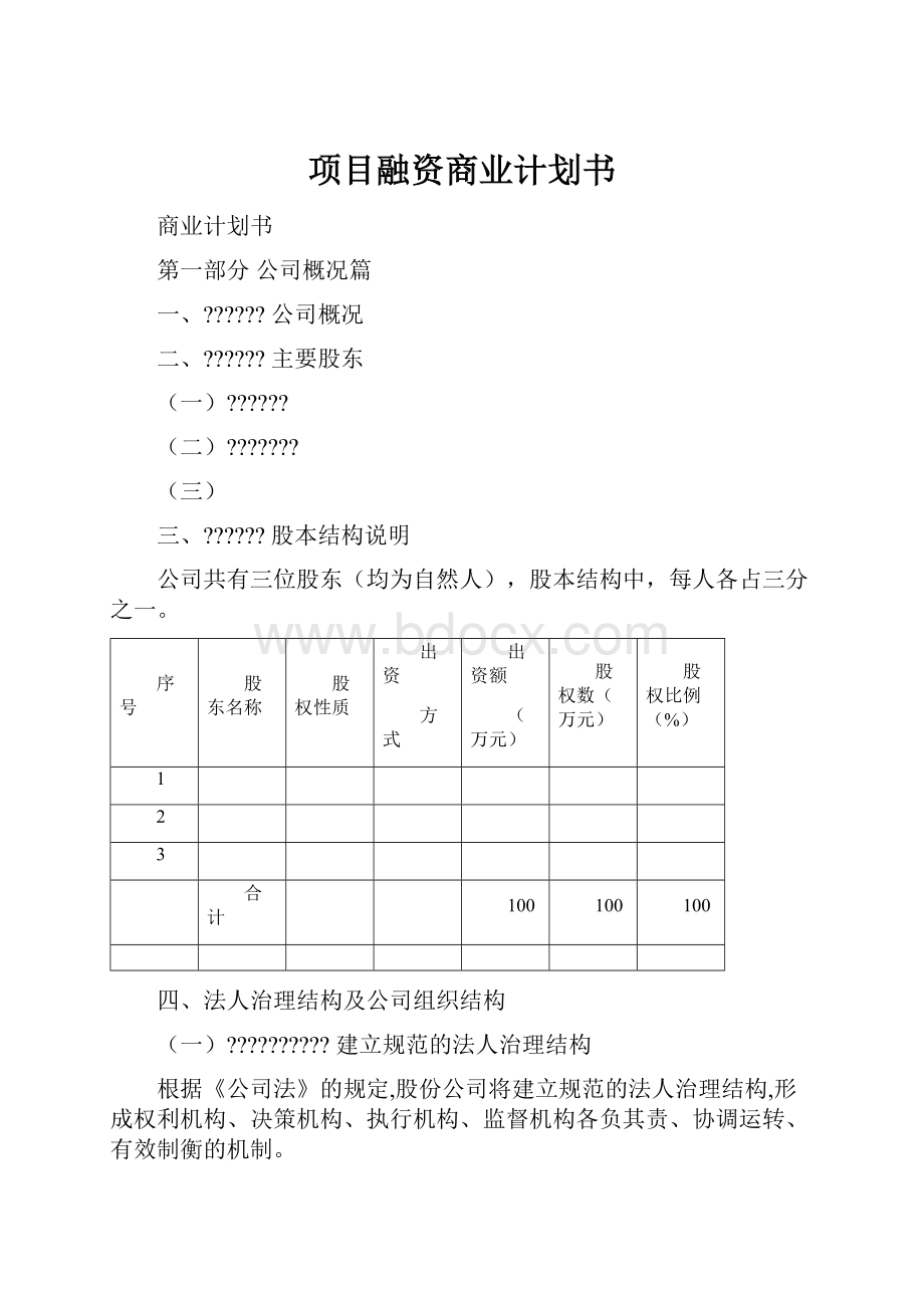 项目融资商业计划书Word文档格式.docx_第1页