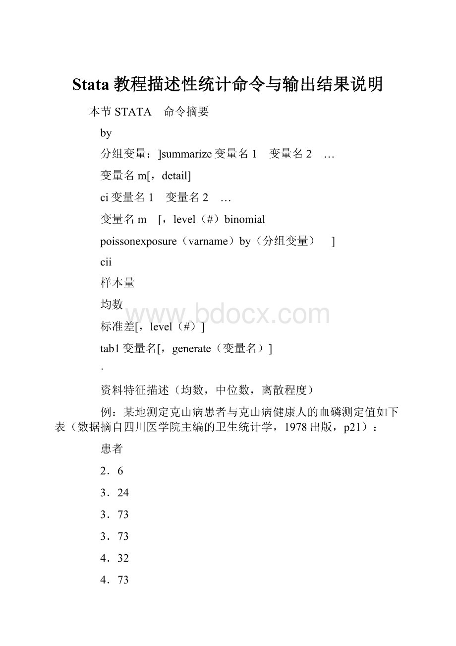 Stata教程描述性统计命令与输出结果说明Word格式.docx_第1页