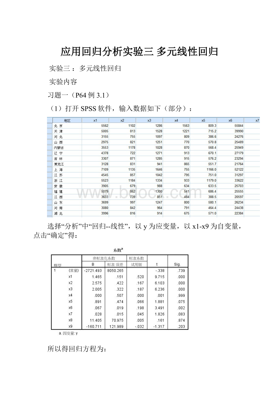 应用回归分析实验三 多元线性回归.docx