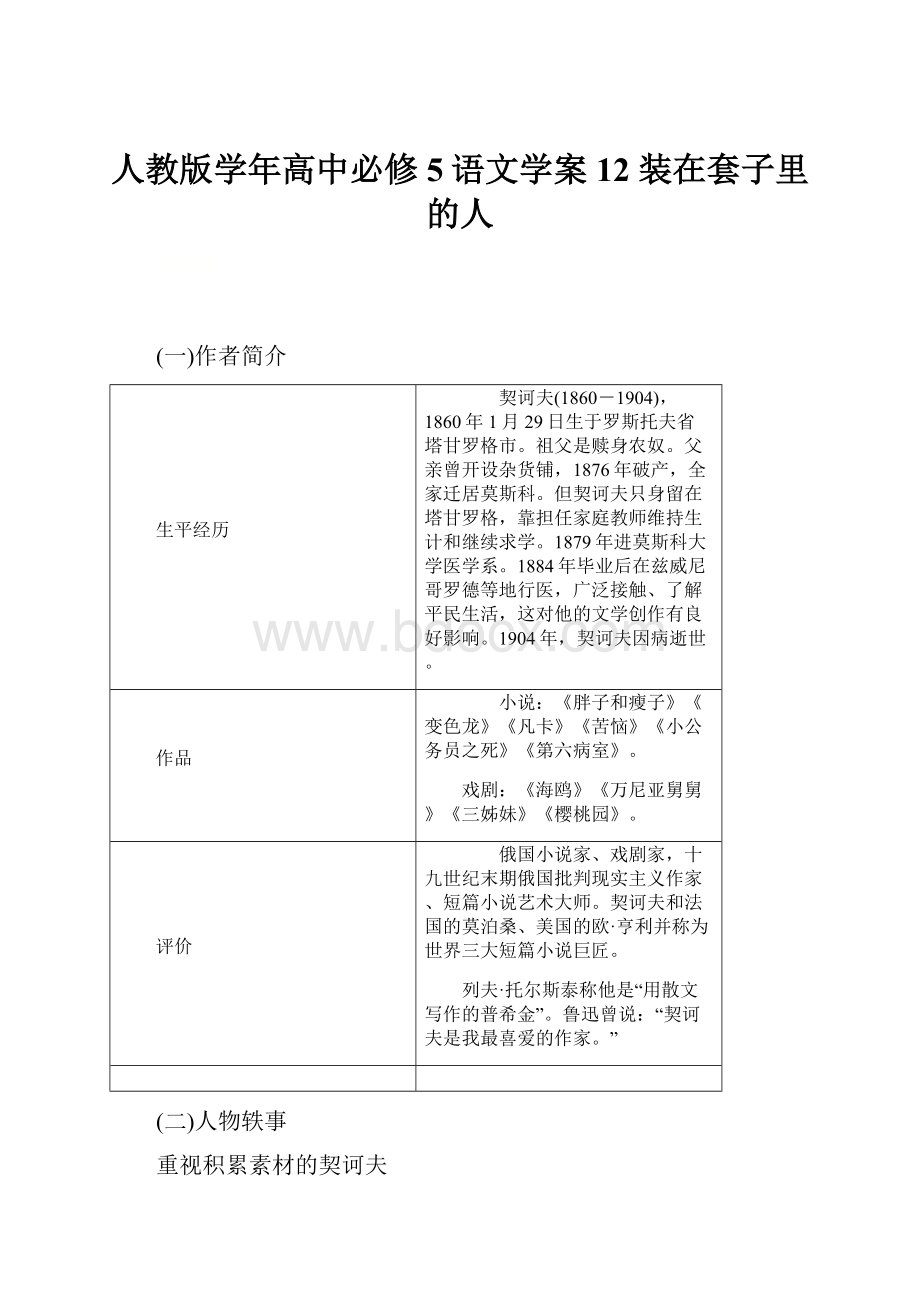 人教版学年高中必修5语文学案12 装在套子里的人.docx_第1页