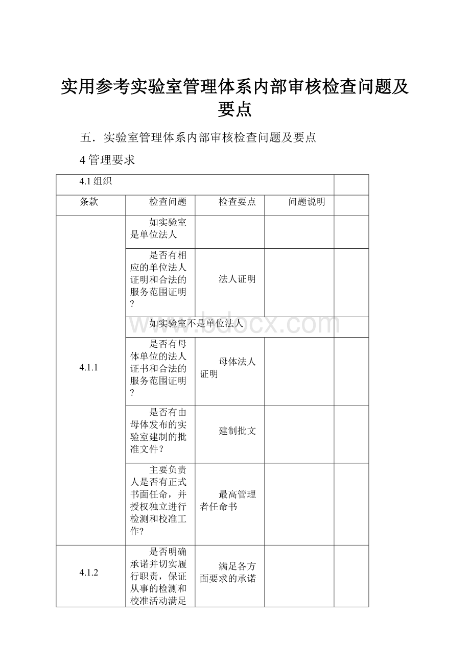 实用参考实验室管理体系内部审核检查问题及要点文档格式.docx