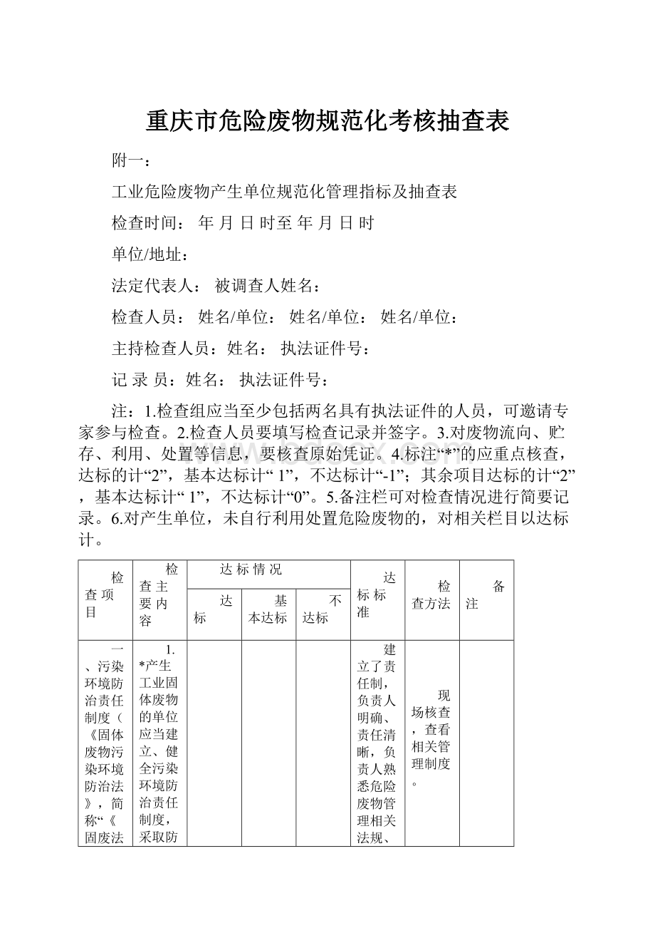 重庆市危险废物规范化考核抽查表Word文件下载.docx_第1页