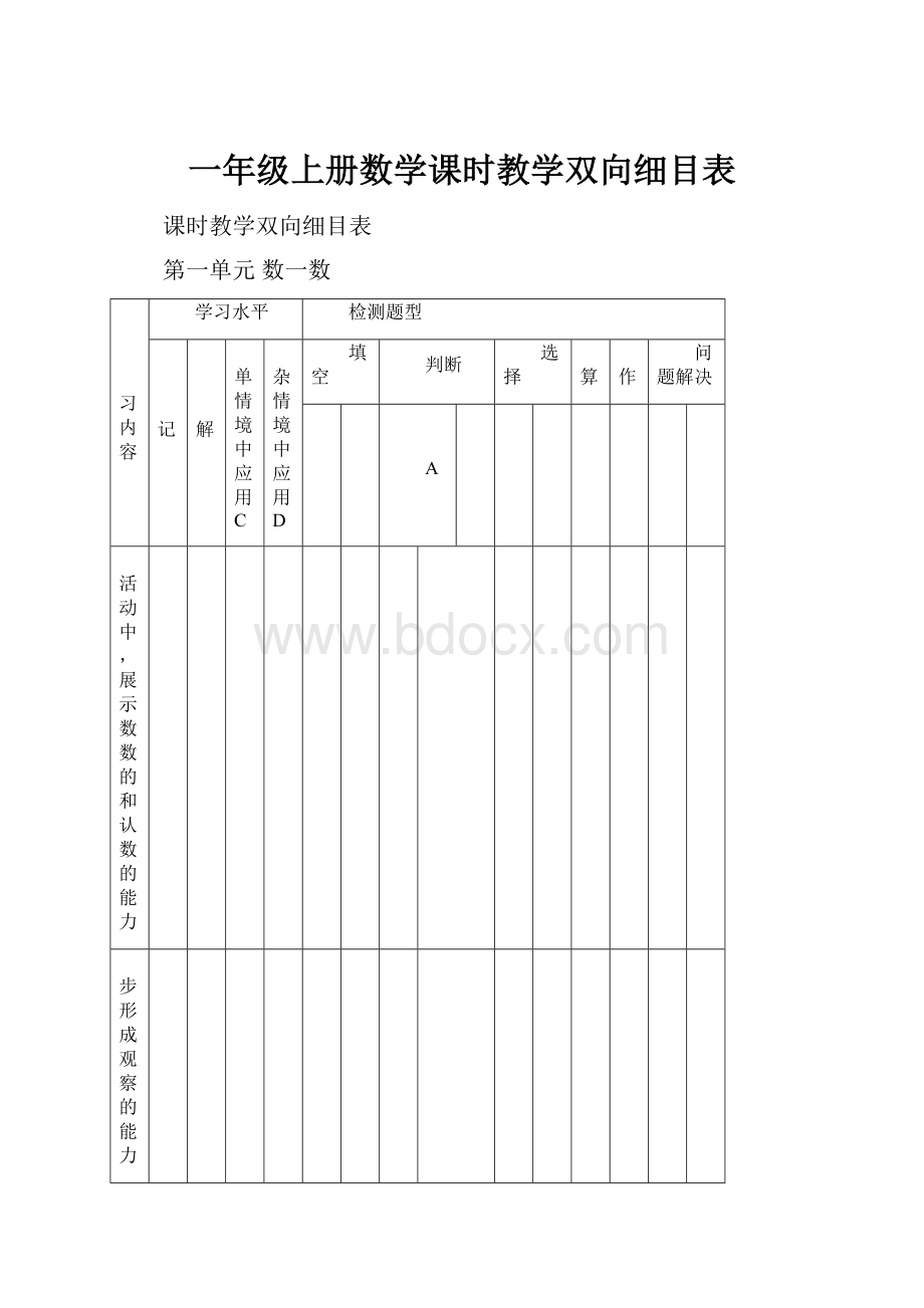 一年级上册数学课时教学双向细目表Word文档下载推荐.docx_第1页