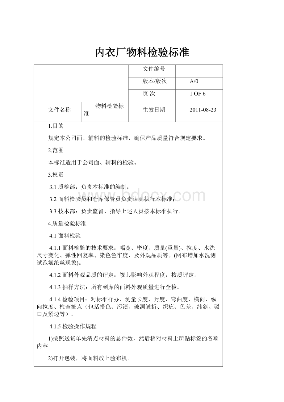 内衣厂物料检验标准Word格式.docx_第1页