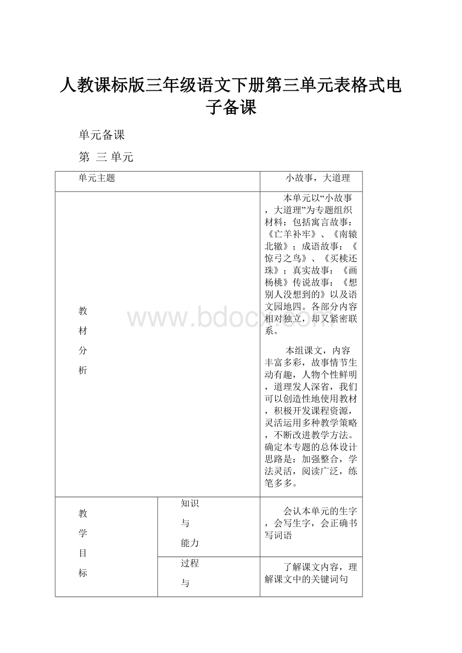 人教课标版三年级语文下册第三单元表格式电子备课Word文件下载.docx