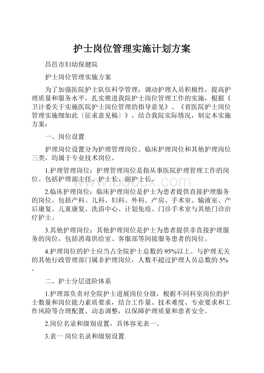 护士岗位管理实施计划方案.docx_第1页