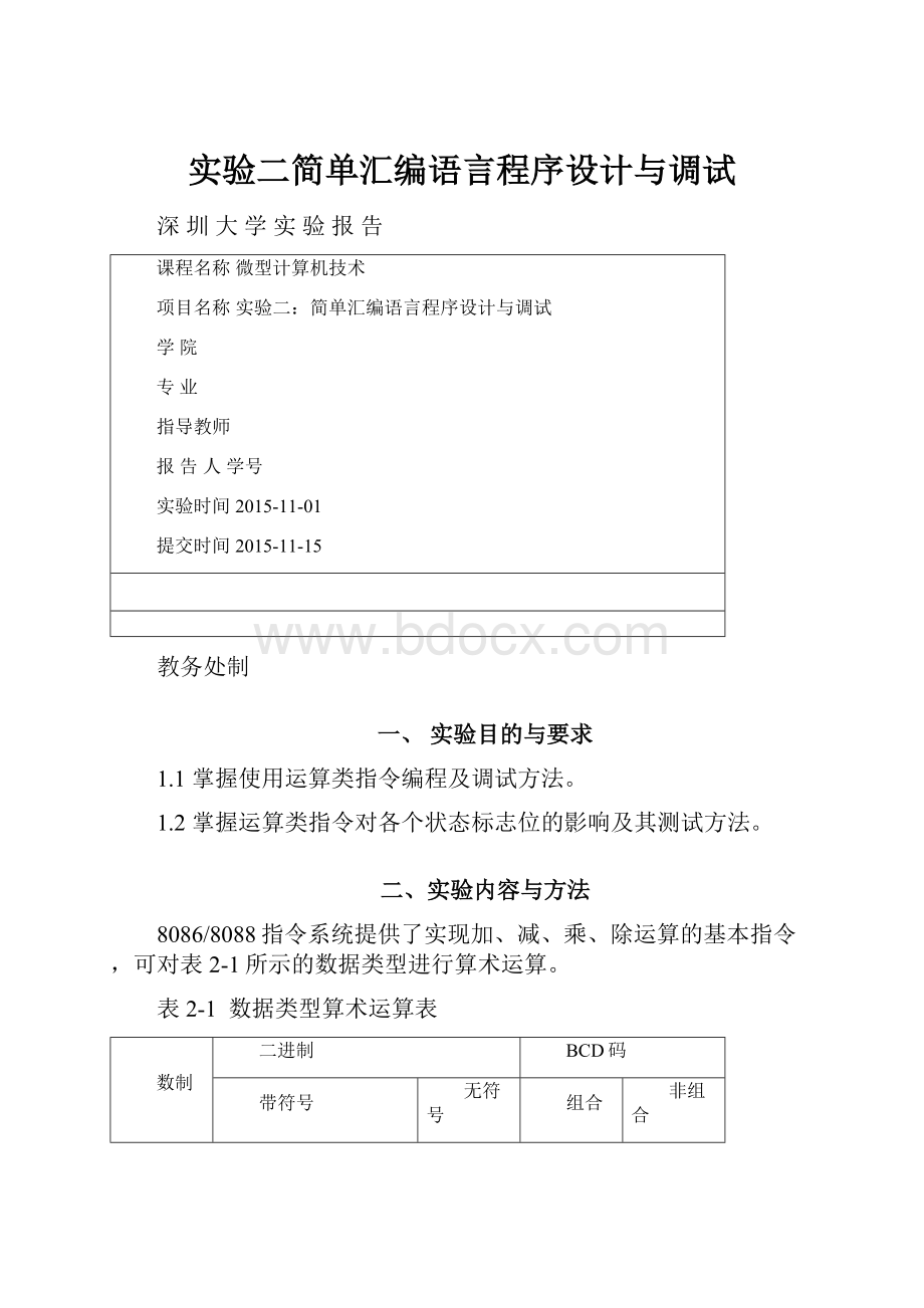 实验二简单汇编语言程序设计与调试Word文档下载推荐.docx