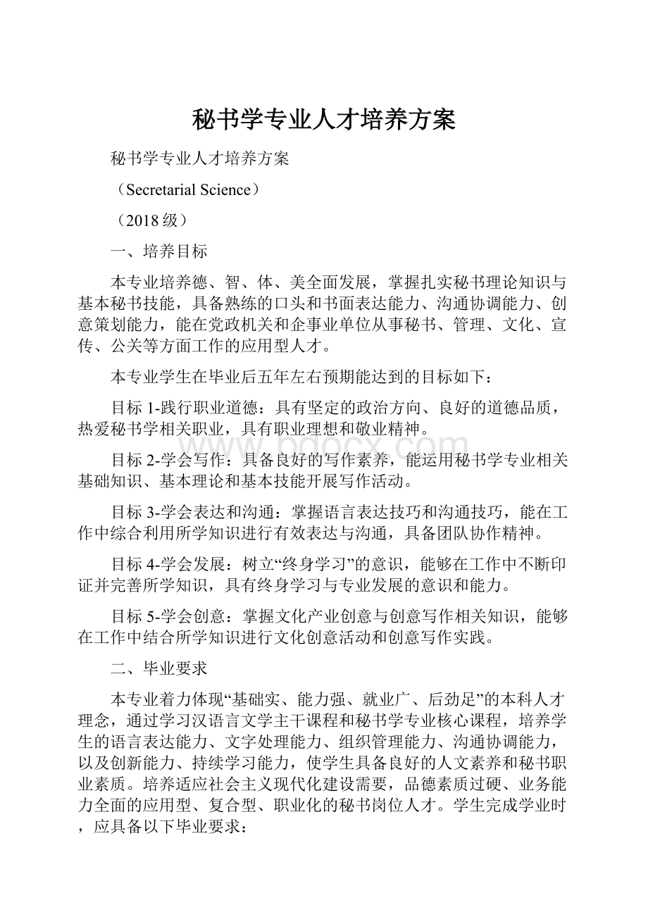 秘书学专业人才培养方案Word格式.docx