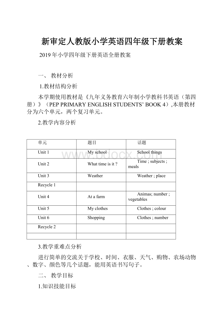 新审定人教版小学英语四年级下册教案文档格式.docx_第1页