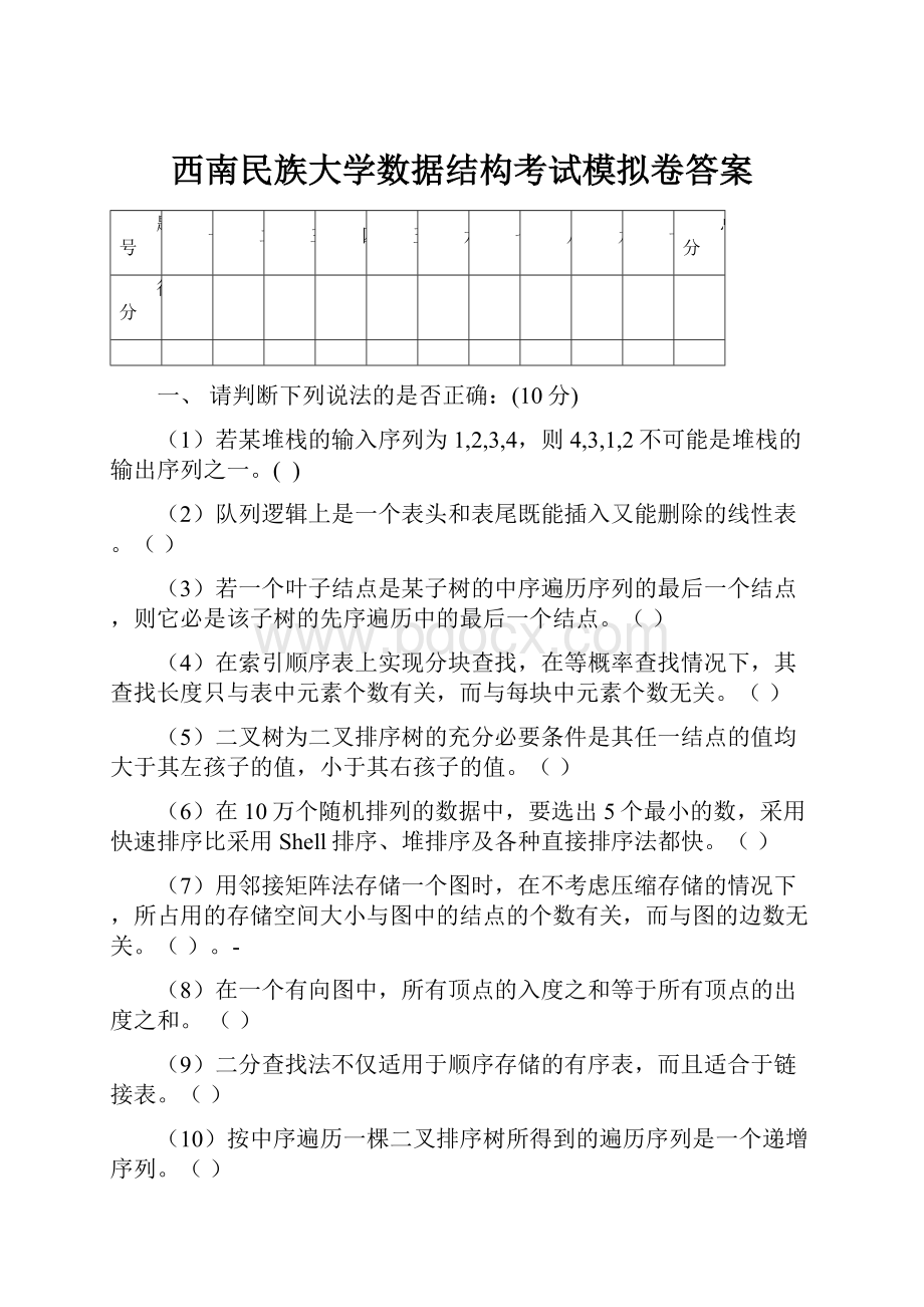 西南民族大学数据结构考试模拟卷答案Word格式文档下载.docx