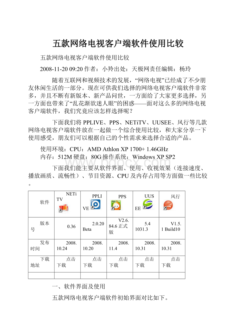 五款网络电视客户端软件使用比较Word文件下载.docx_第1页