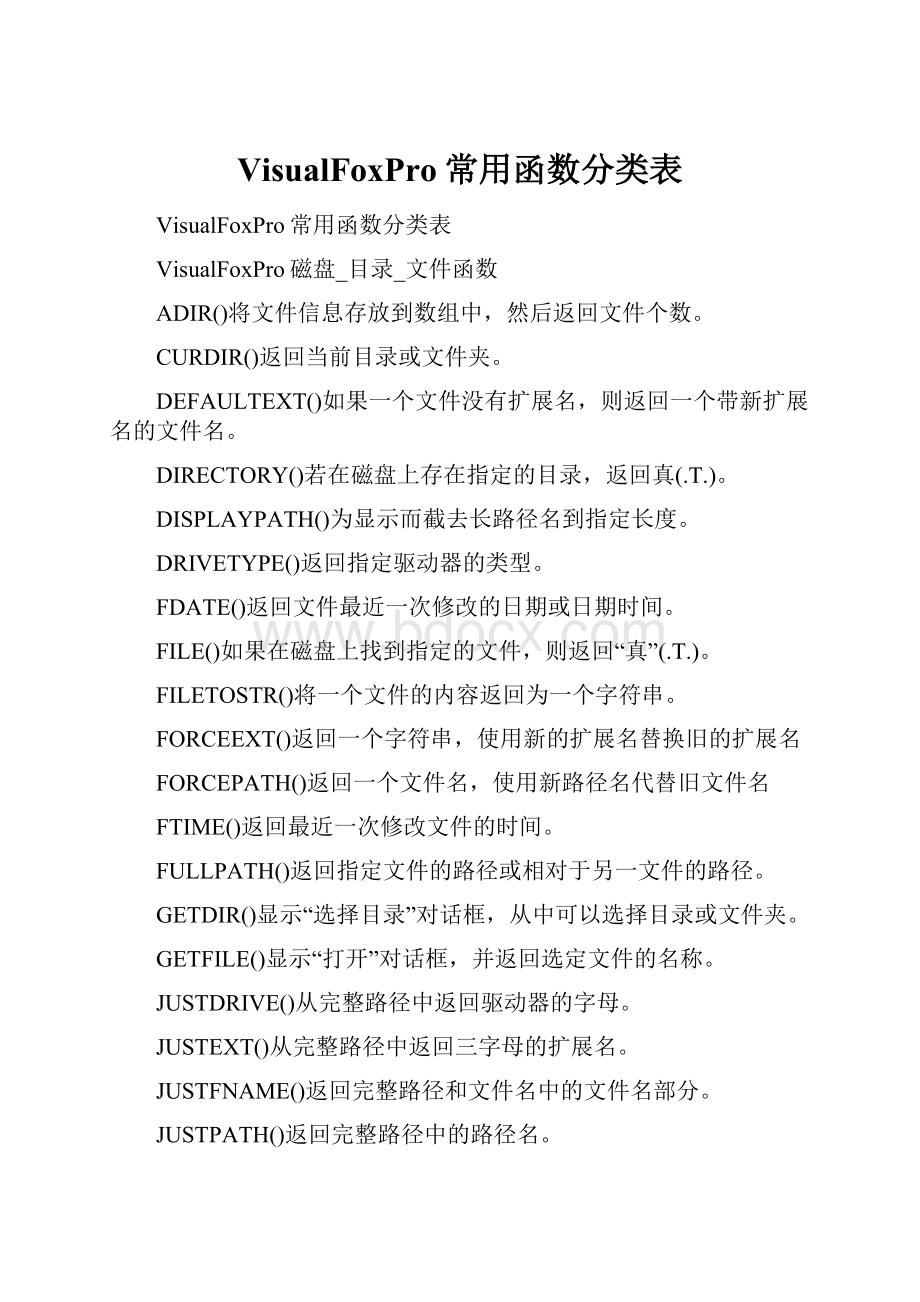 VisualFoxPro常用函数分类表.docx_第1页