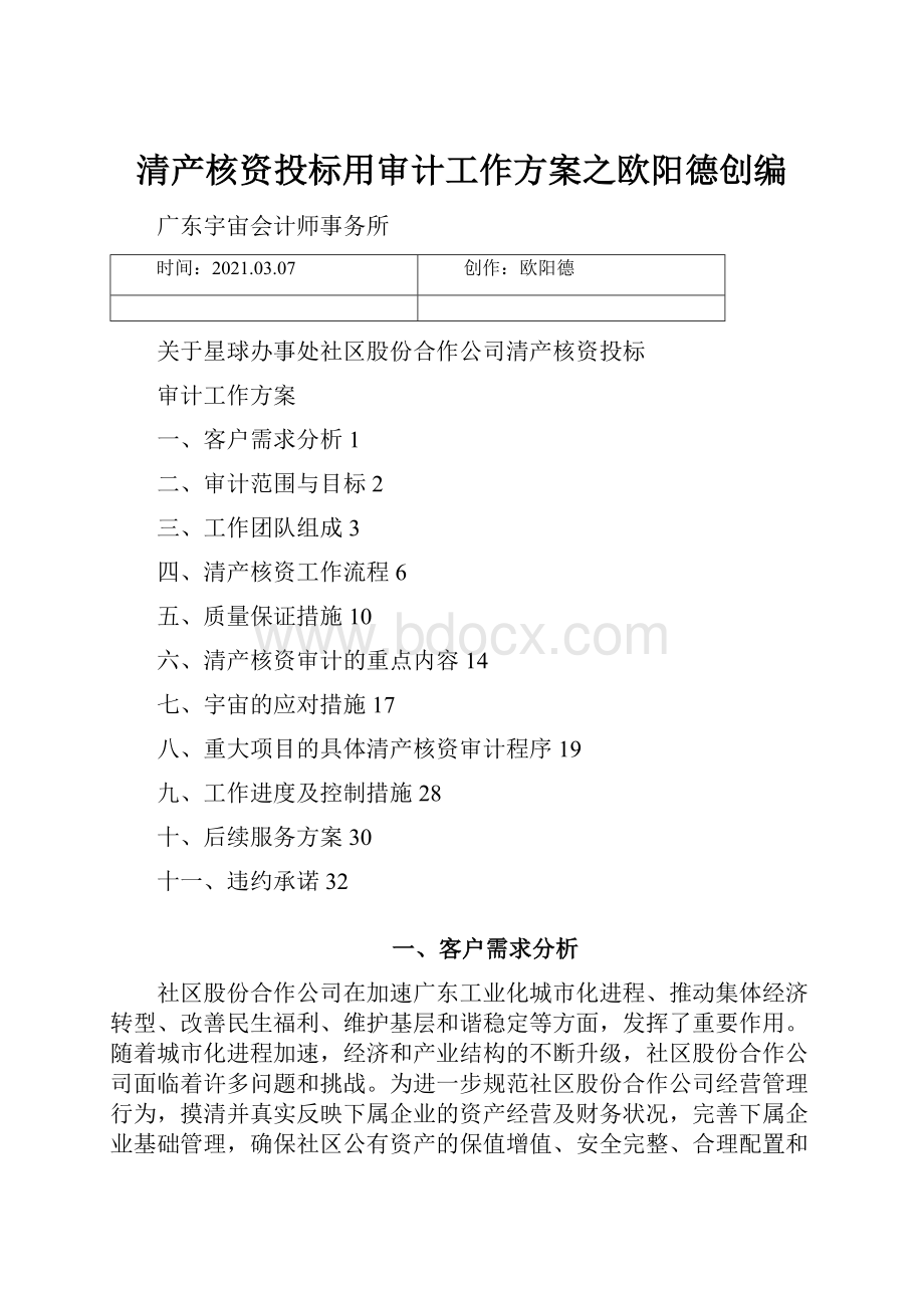 清产核资投标用审计工作方案之欧阳德创编Word文档下载推荐.docx_第1页