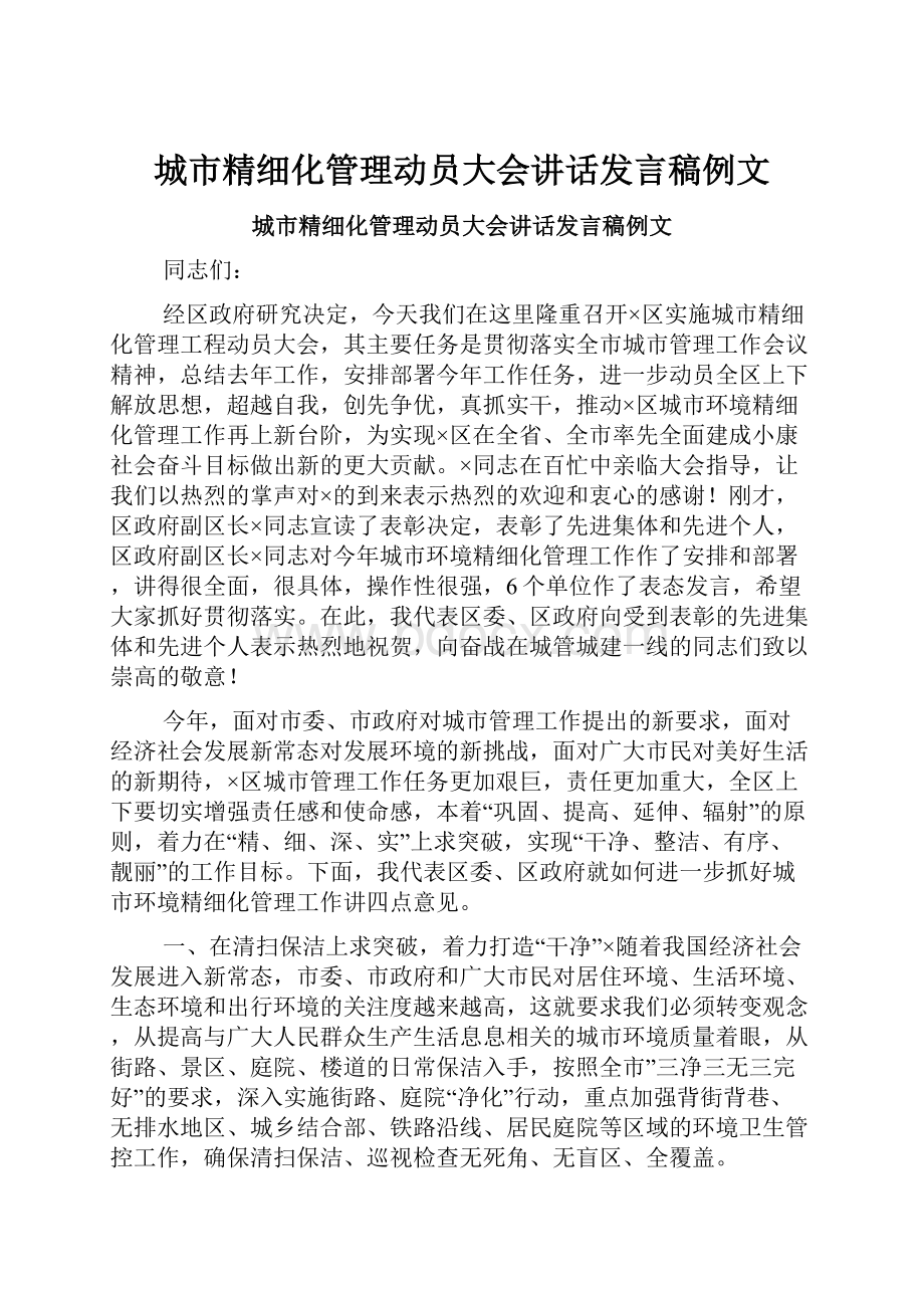 城市精细化管理动员大会讲话发言稿例文Word文件下载.docx_第1页