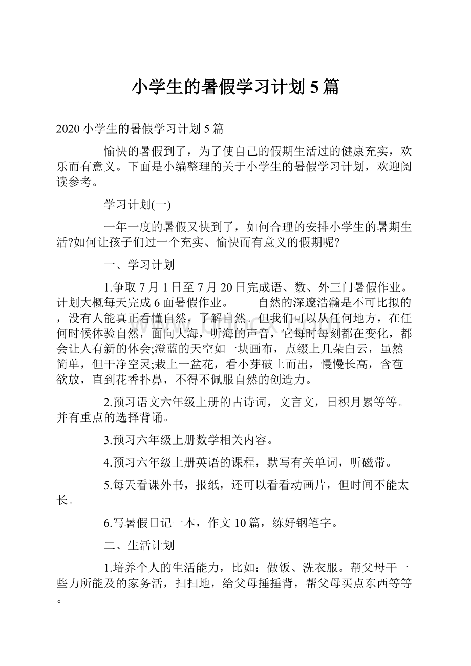 小学生的暑假学习计划5篇.docx