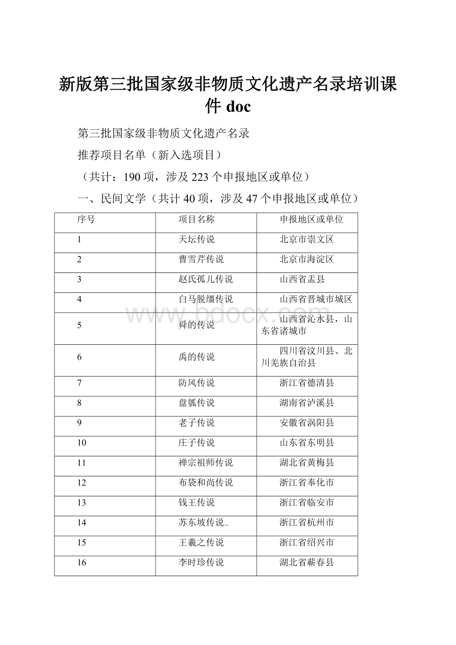 新版第三批国家级非物质文化遗产名录培训课件docWord下载.docx