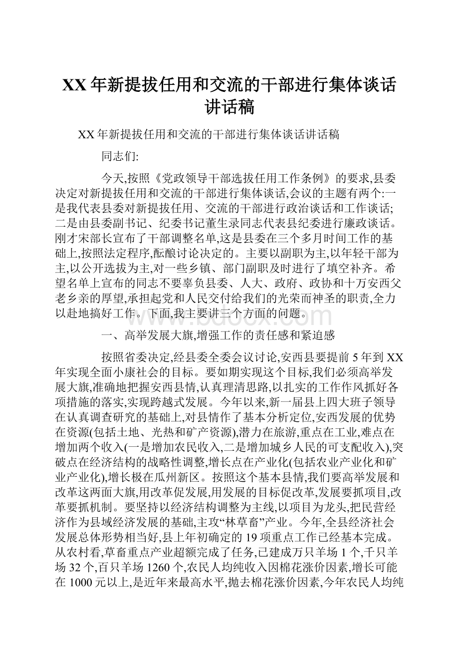 XX年新提拔任用和交流的干部进行集体谈话讲话稿.docx