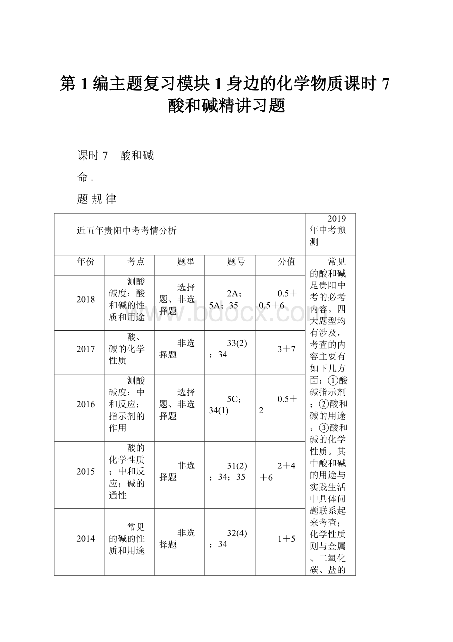 第1编主题复习模块1身边的化学物质课时7酸和碱精讲习题Word文档格式.docx