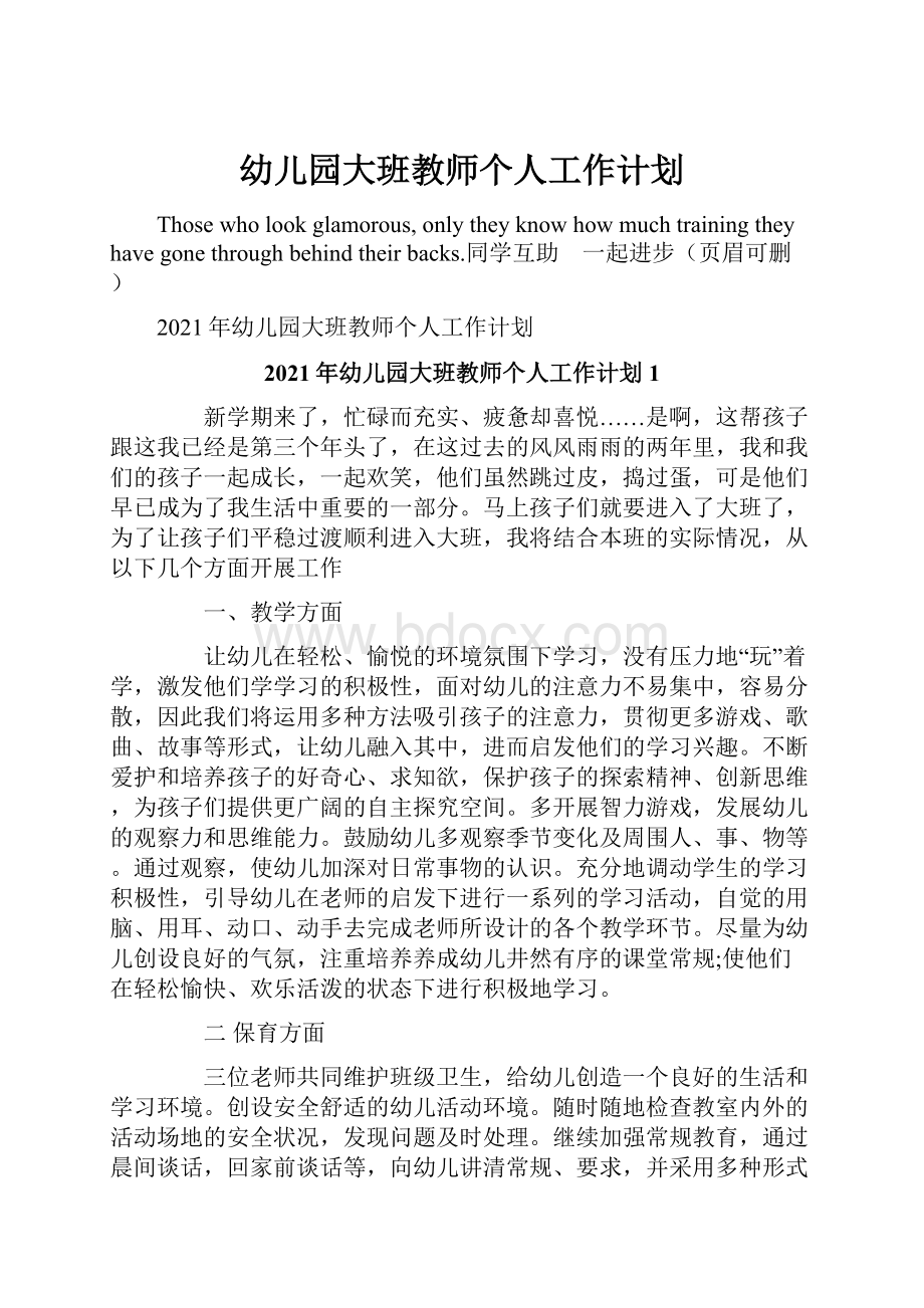 幼儿园大班教师个人工作计划Word格式文档下载.docx