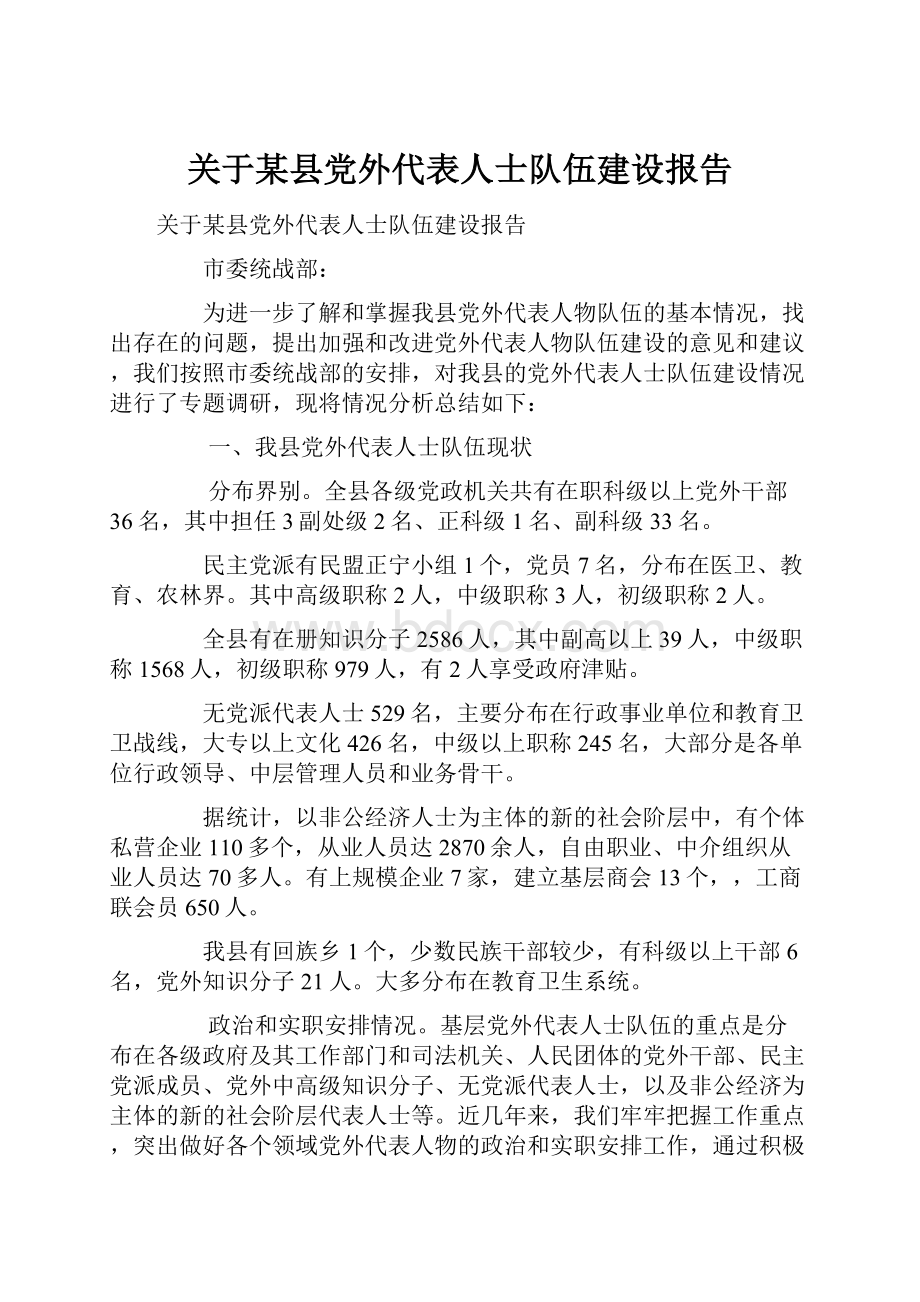 关于某县党外代表人士队伍建设报告Word文档格式.docx